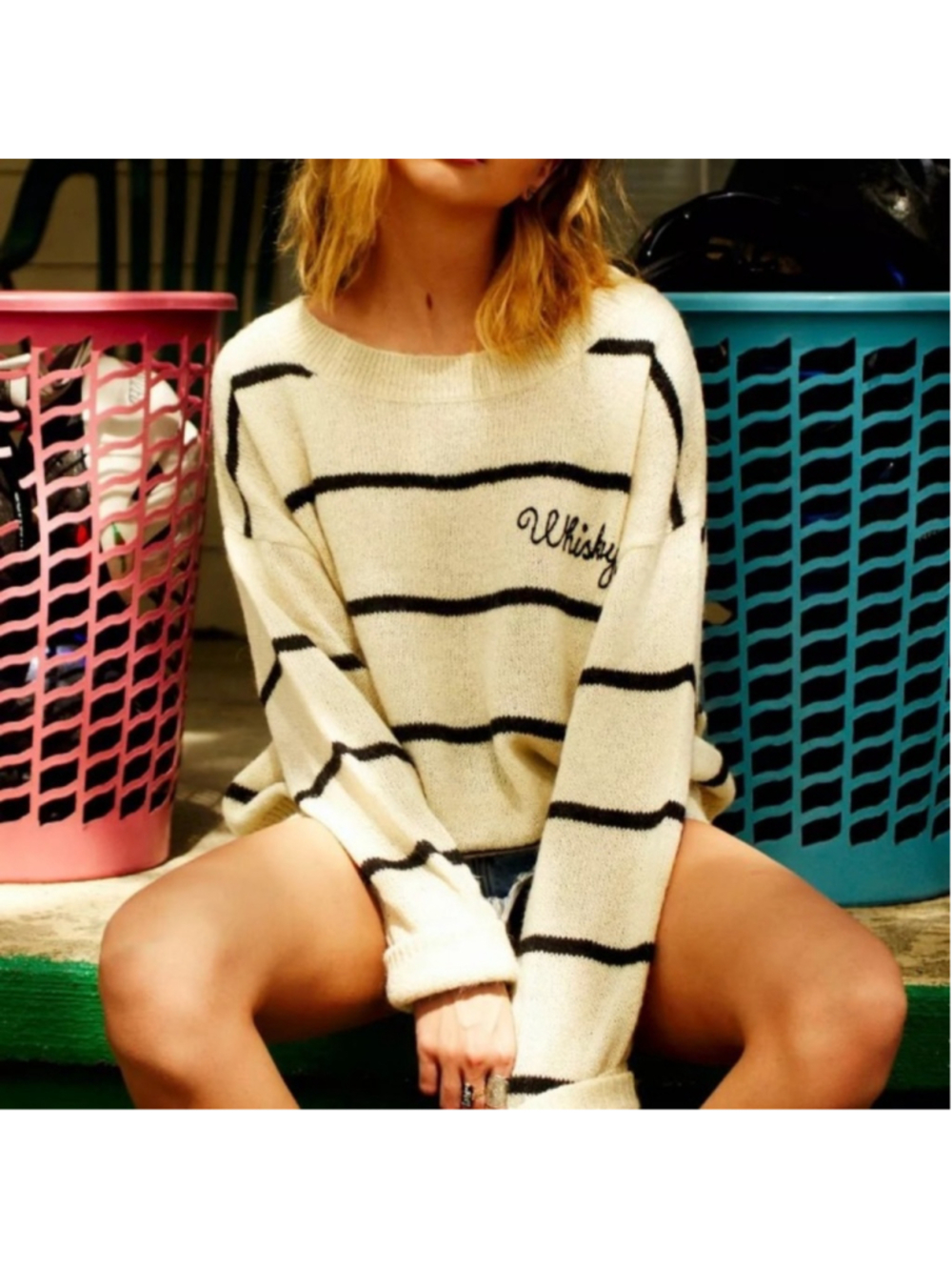 Wildfox Happy Hour Whiskey stripes sweater women's ivory black Size small